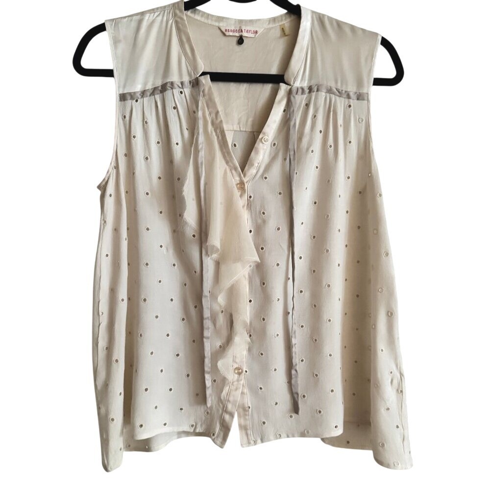 Rebecca‎ Taylor Silk Eyelet Blouse Womens 8 Ruffle Sleeveless Feminine Romantic
